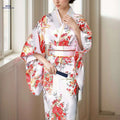 Floral Print Surplice Neck Kimono - Elegant Batwing Sleeve Style   OAXG White / One-size