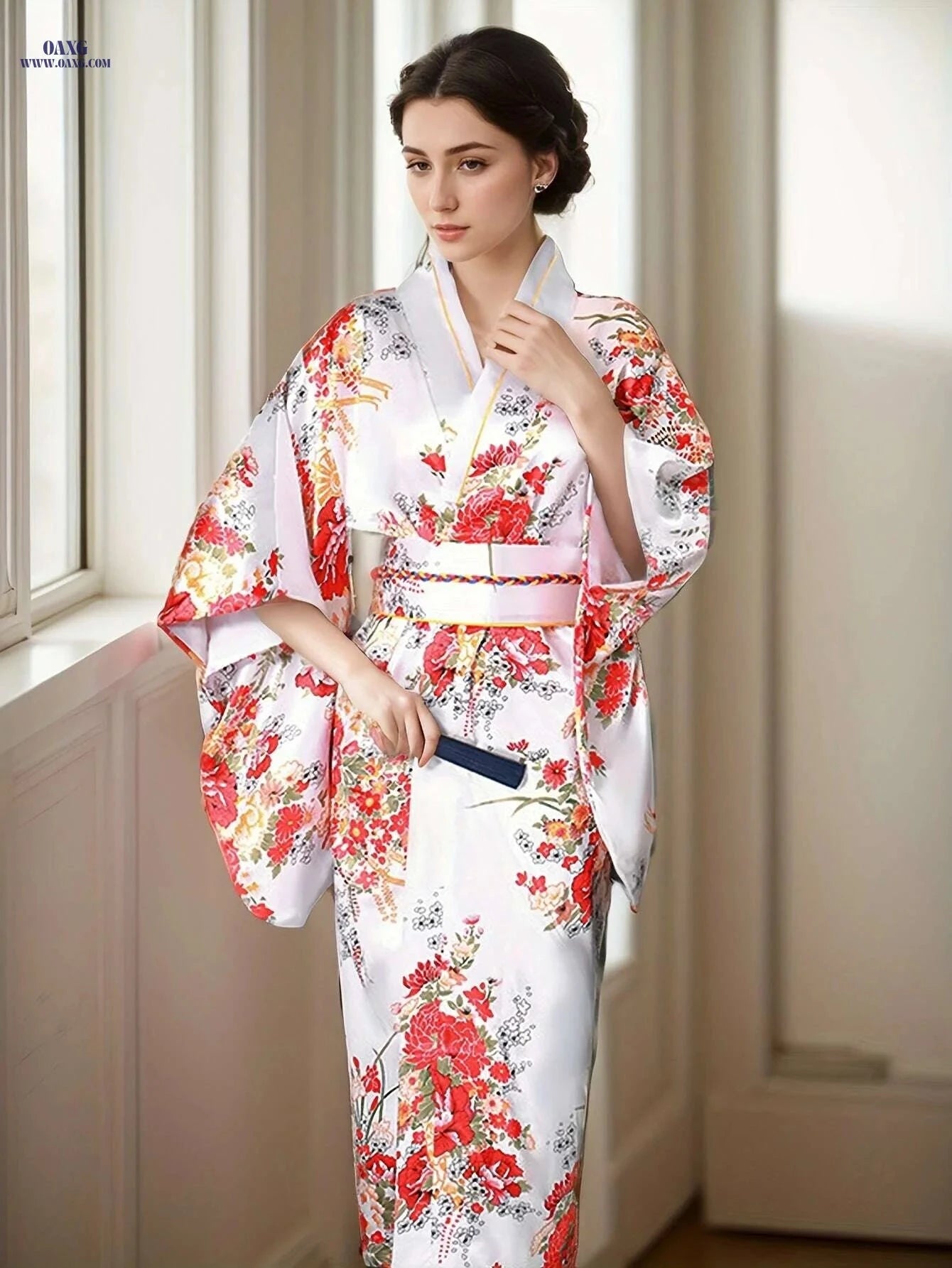 Floral Print Surplice Neck Kimono - Elegant Batwing Sleeve Style   OAXG White / One-size