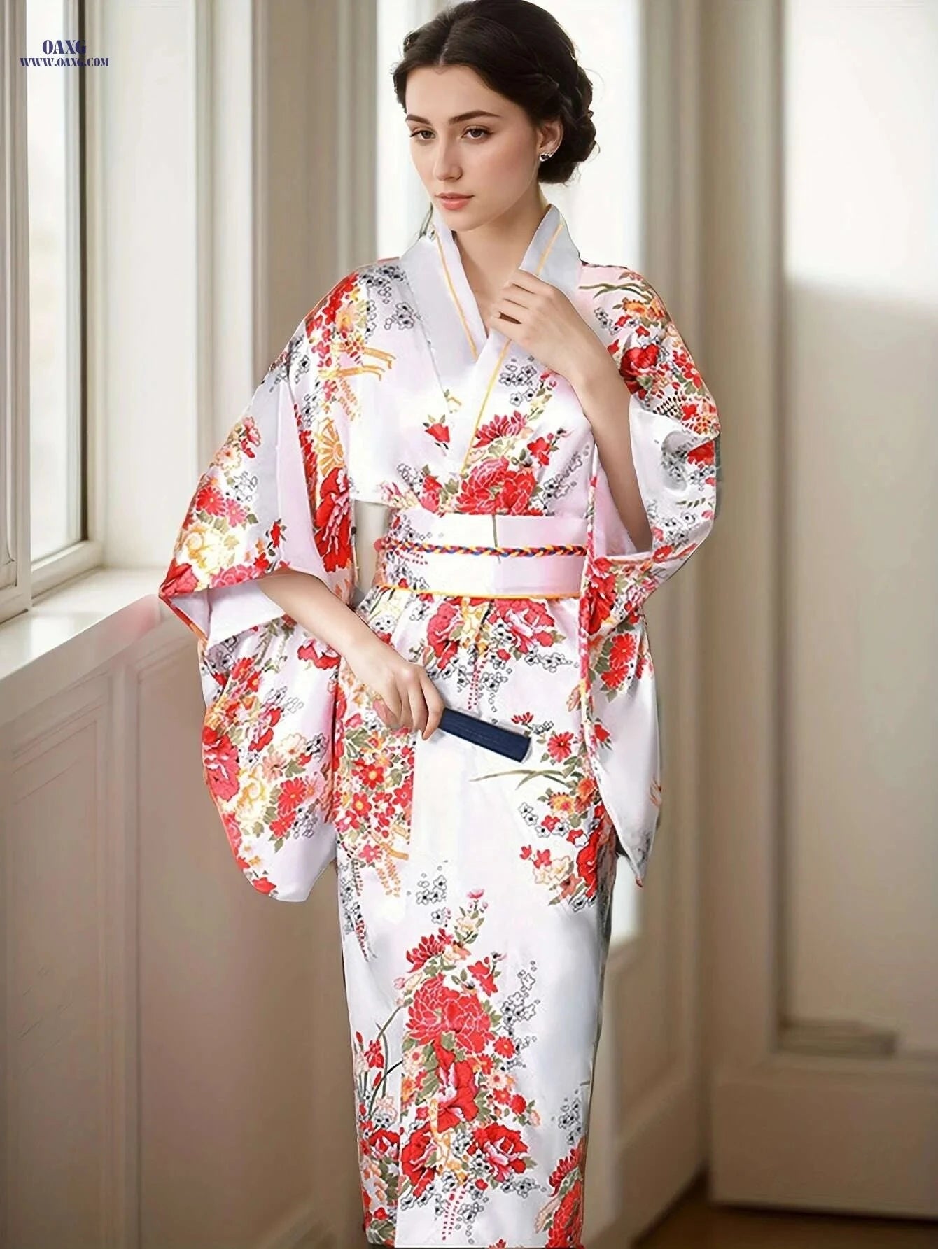 Floral Print Surplice Neck Kimono - Elegant Batwing Sleeve Style   OAXG White / One-size