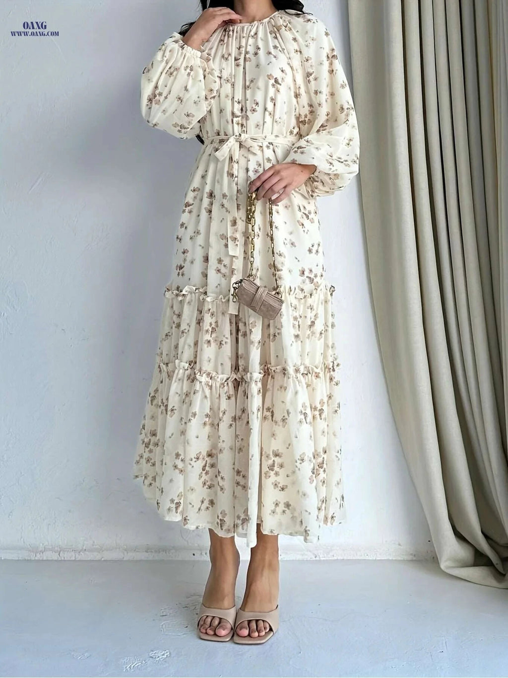 Floral Print Tiered Hem A-line Dress - Elegant Long Sleeve Style   OAXG 
