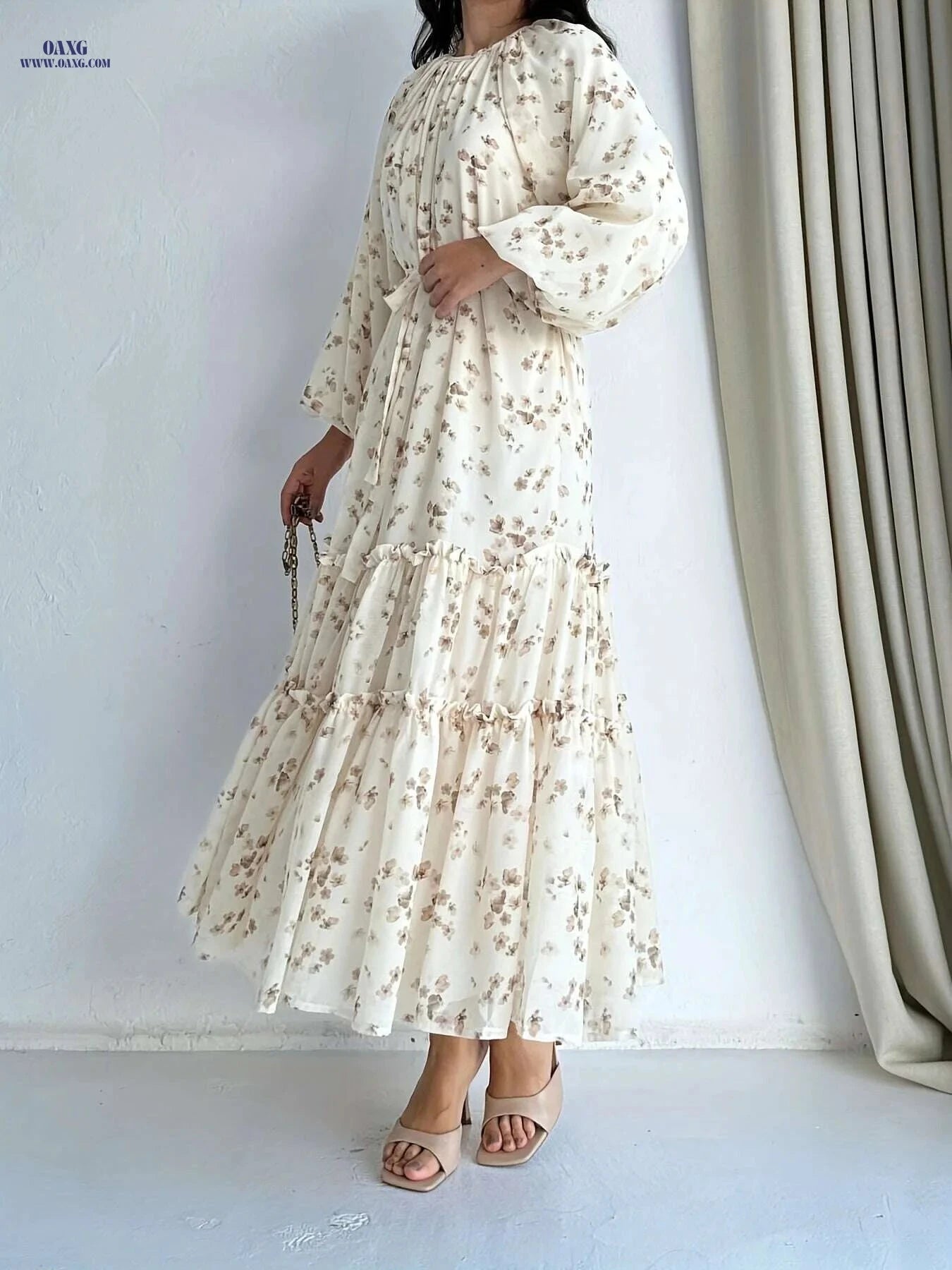 Floral Print Tiered Hem A-line Dress - Elegant Long Sleeve Style   OAXG 