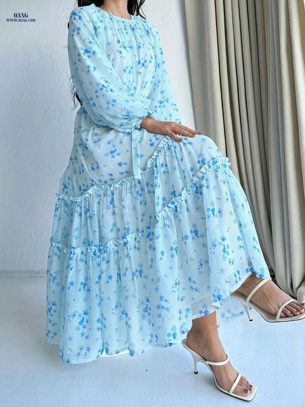 Floral Print Tiered Hem A-line Dress - Elegant Long Sleeve Style   OAXG 