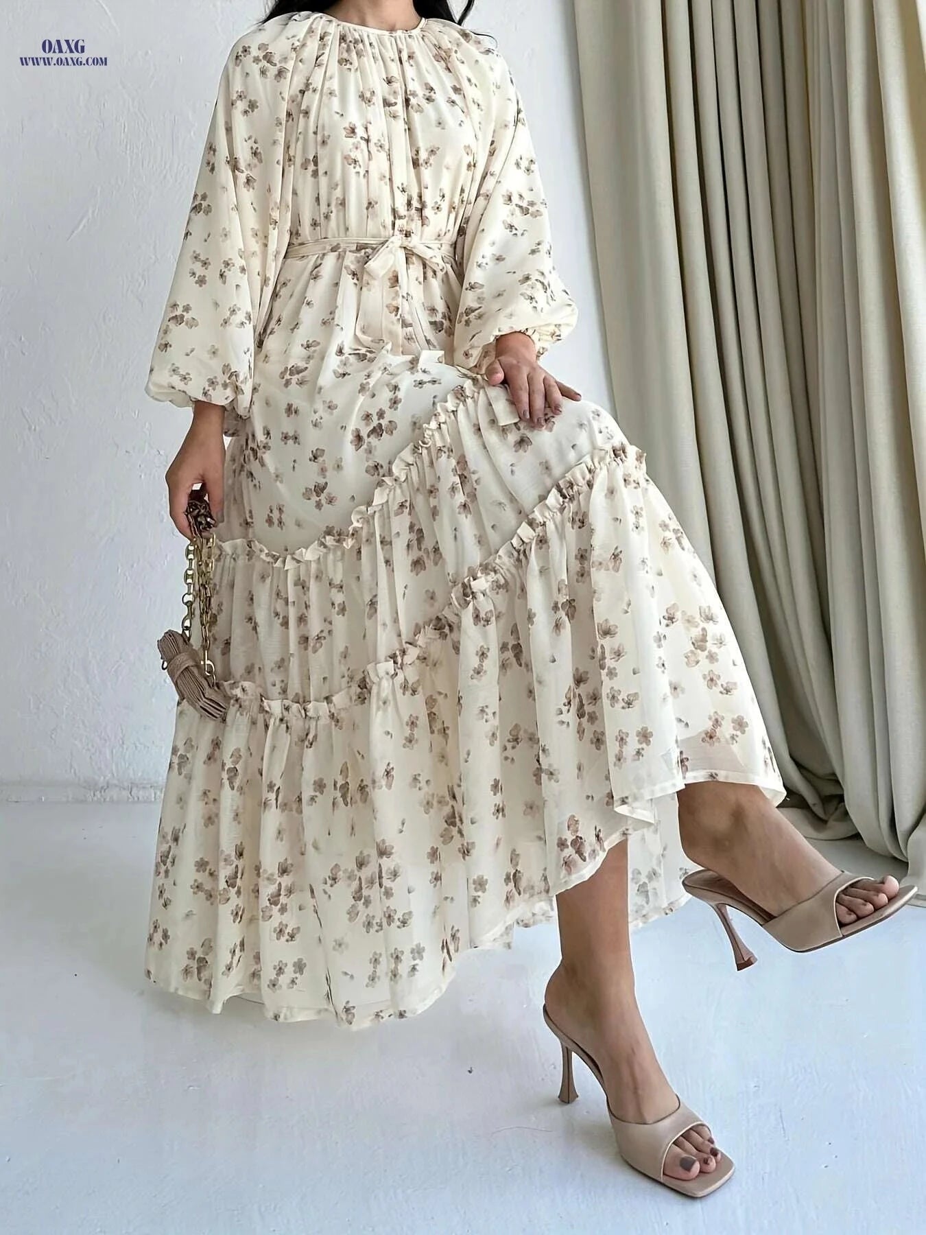 Floral Print Tiered Hem A-line Dress - Elegant Long Sleeve Style   OAXG Apricot / S