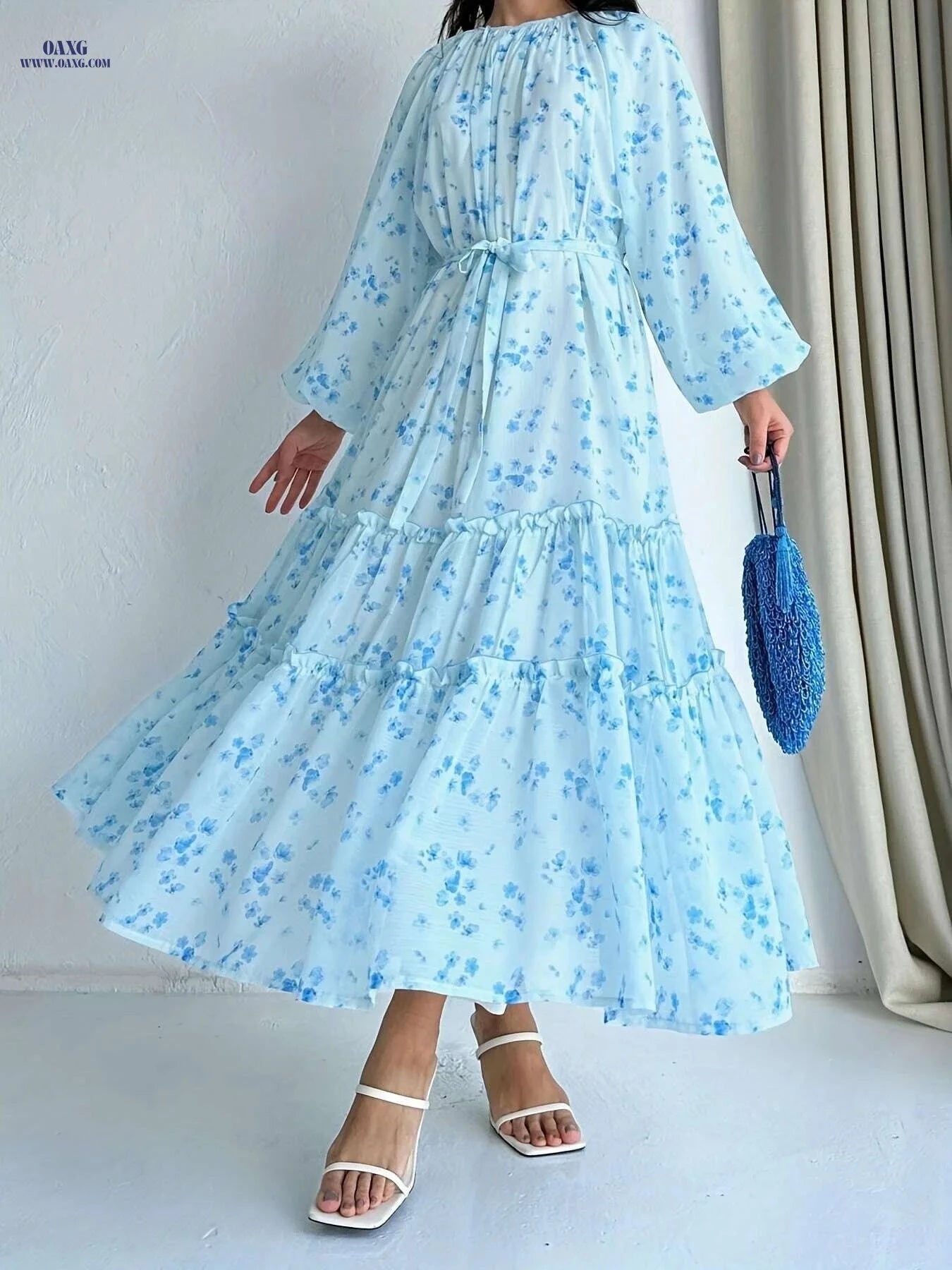 Floral Print Tiered Hem A-line Dress - Elegant Long Sleeve Style   OAXG Apricot / S