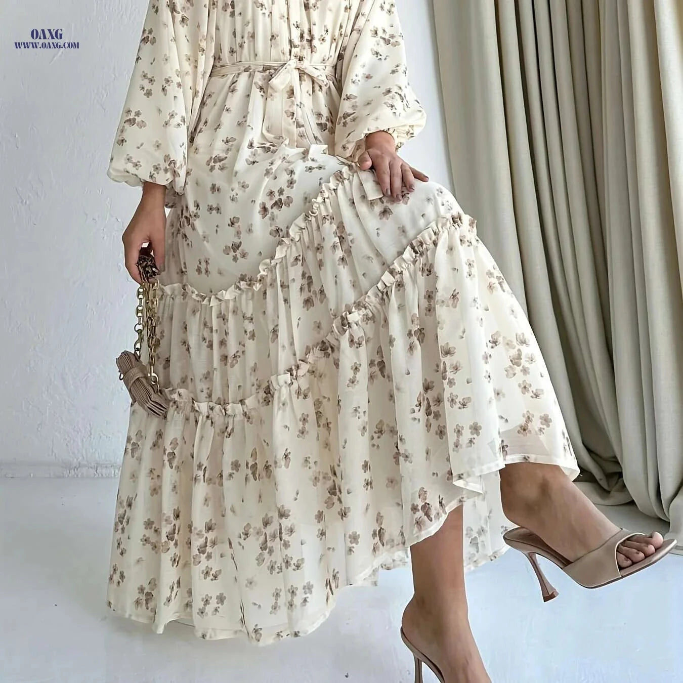 Floral Print Tiered Hem A-line Dress - Elegant Long Sleeve Style   OAXG Apricot / S