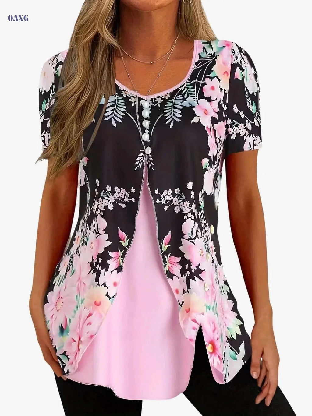Floral Print V Neck Summer Top - Casual Short Sleeve T-Shirt   OAXG 