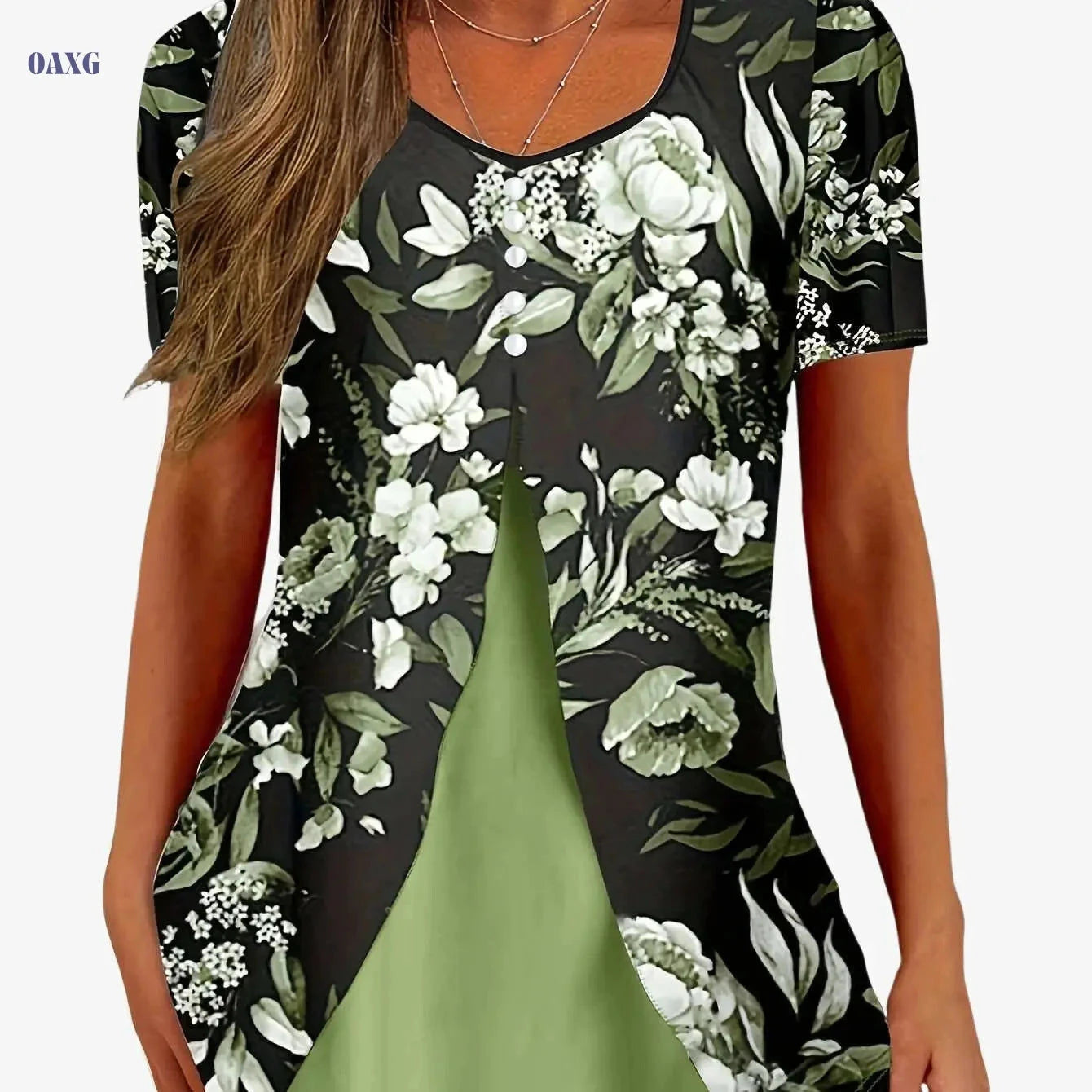 Floral Print V Neck Summer Top - Casual Short Sleeve T-Shirt   OAXG 