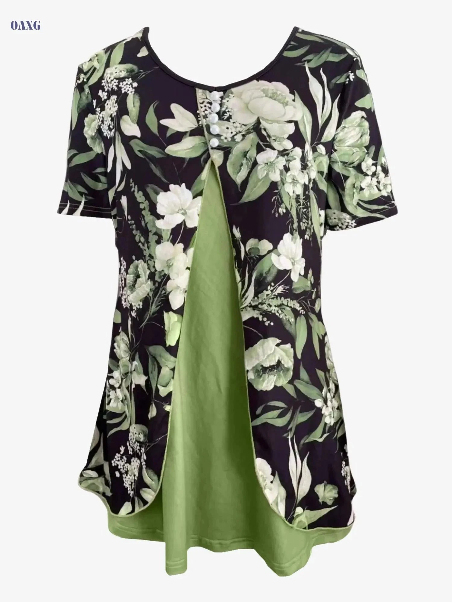 Floral Print V Neck Summer Top - Casual Short Sleeve T-Shirt   OAXG 