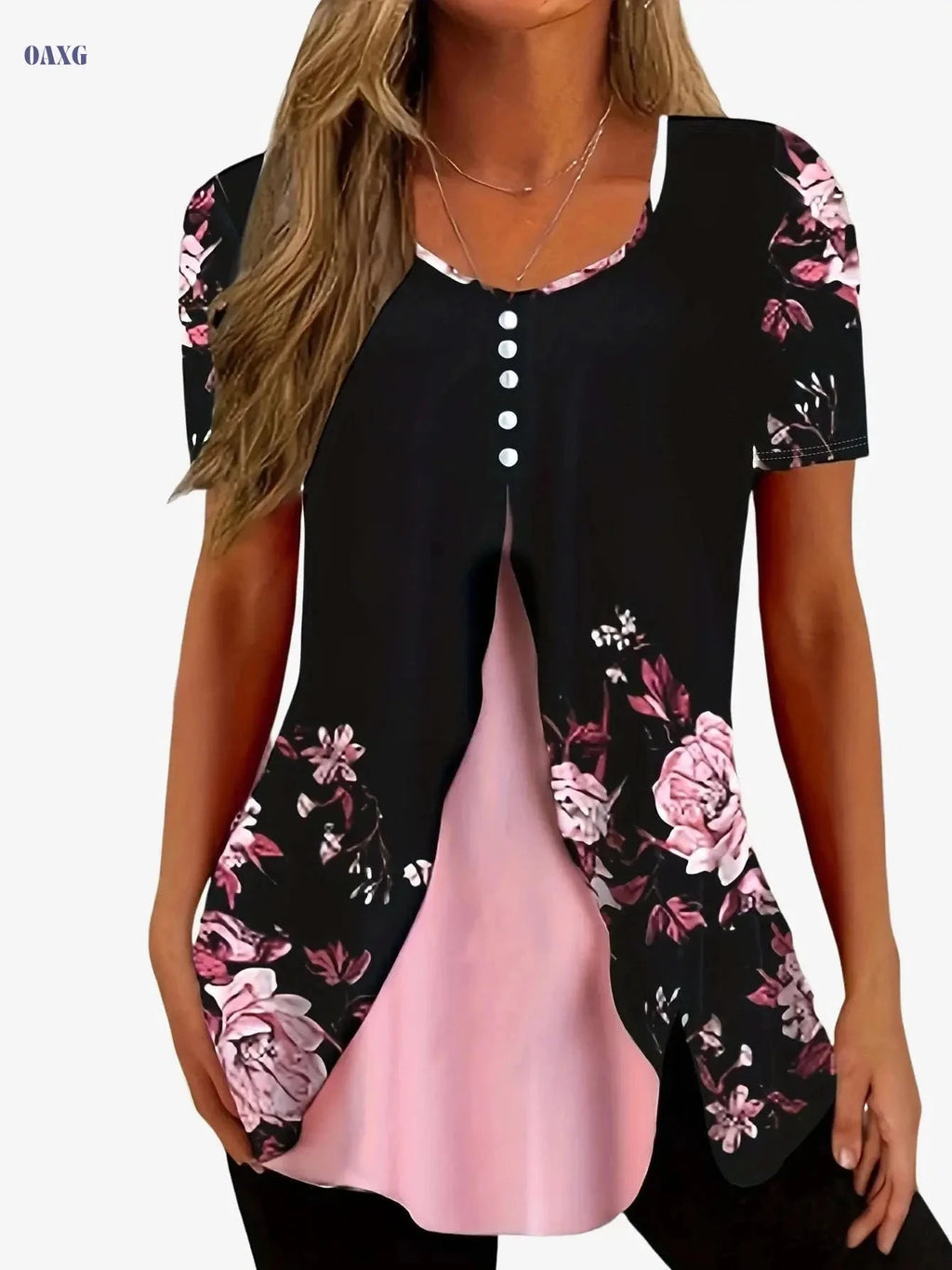 Floral Print V Neck Summer Top - Casual Short Sleeve T-Shirt   OAXG Green / S