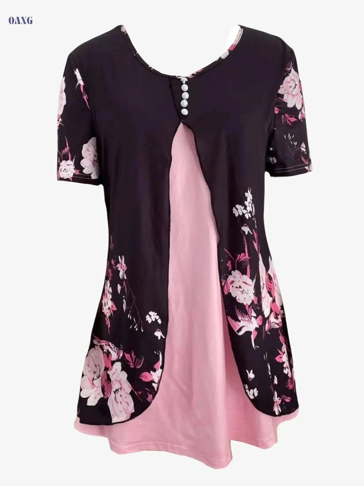 Floral Print V Neck Summer Top - Casual Short Sleeve T-Shirt   OAXG Green / S