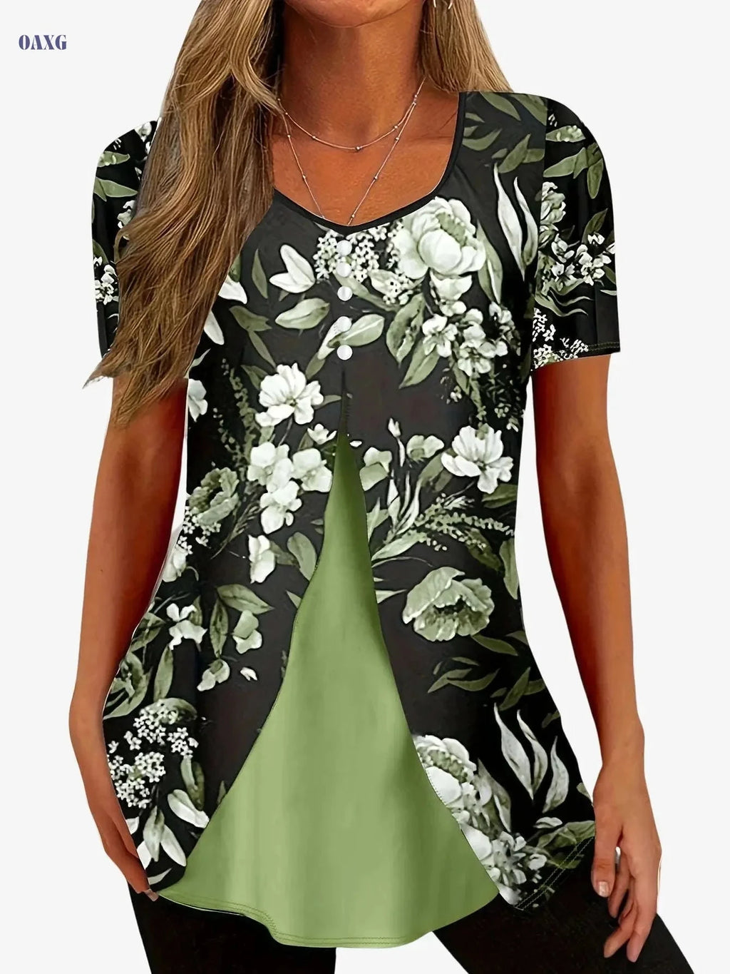 Floral Print V Neck Summer Top - Casual Short Sleeve T-Shirt   OAXG Green / S