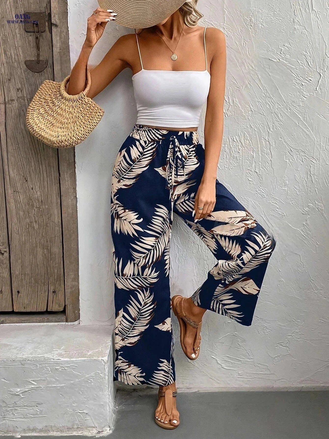 Floral Print Wide Leg Pants - Casual High Waist Drawstring Style   OAXG White Flower On Black Background / S