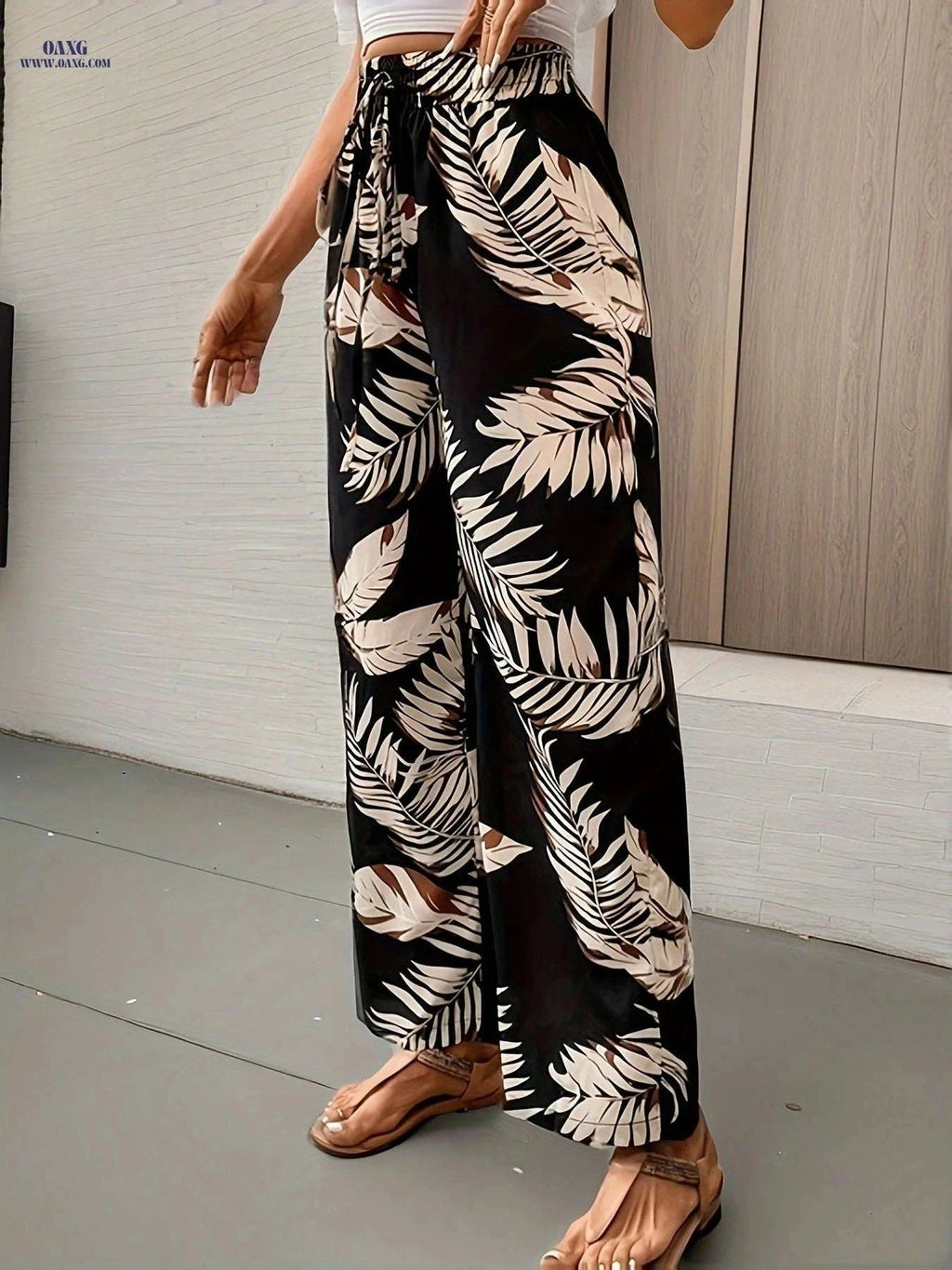 Floral Print Wide Leg Pants - Casual High Waist Drawstring Style   OAXG White Flower On Black Background / S