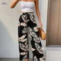 Floral Print Wide Leg Pants - Casual High Waist Drawstring Style   OAXG White Flower On Black Background / S