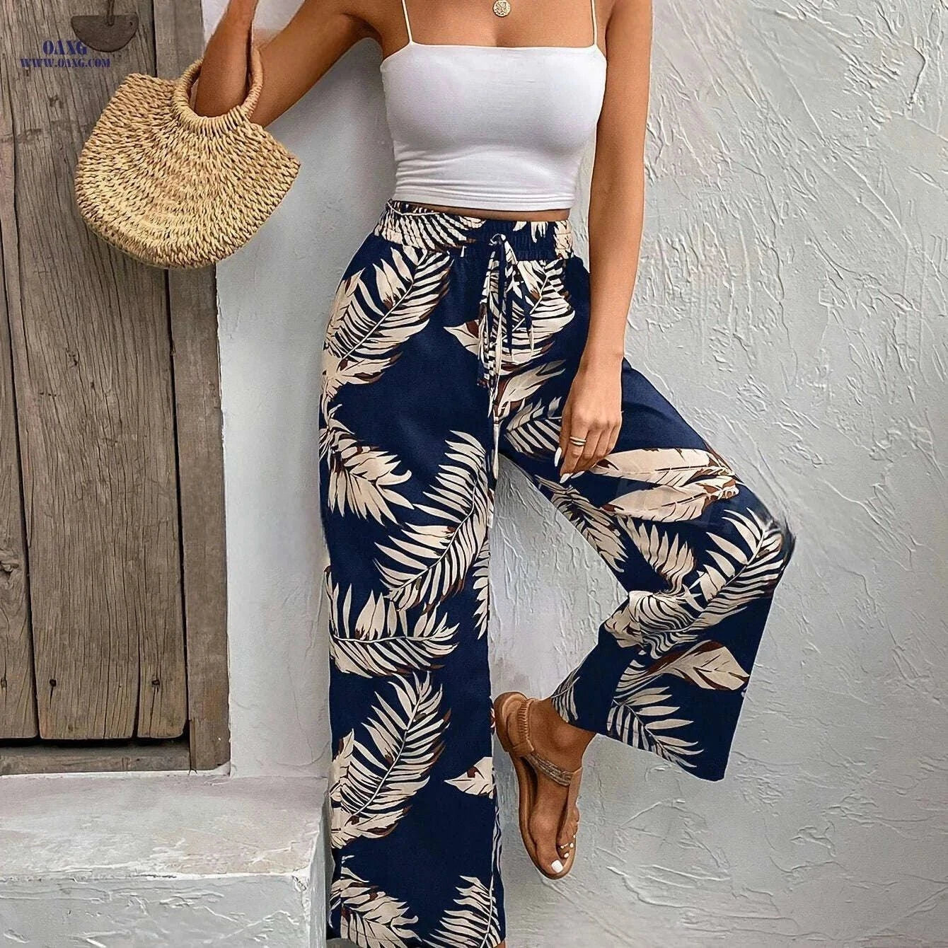 Floral Print Wide Leg Pants - Casual High Waist Drawstring Style   OAXG White Flower On Black Background / S
