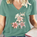 Floral Print Women's 100% Pure Short Sleeve T-Shirt - Comfortable V-Neck Casual Top, Versatile, Spring/Summer Basic, Machine Washable, Everyday Essential T-Shirt, V-Neck Design, Soft Texture   OAXG Green / S