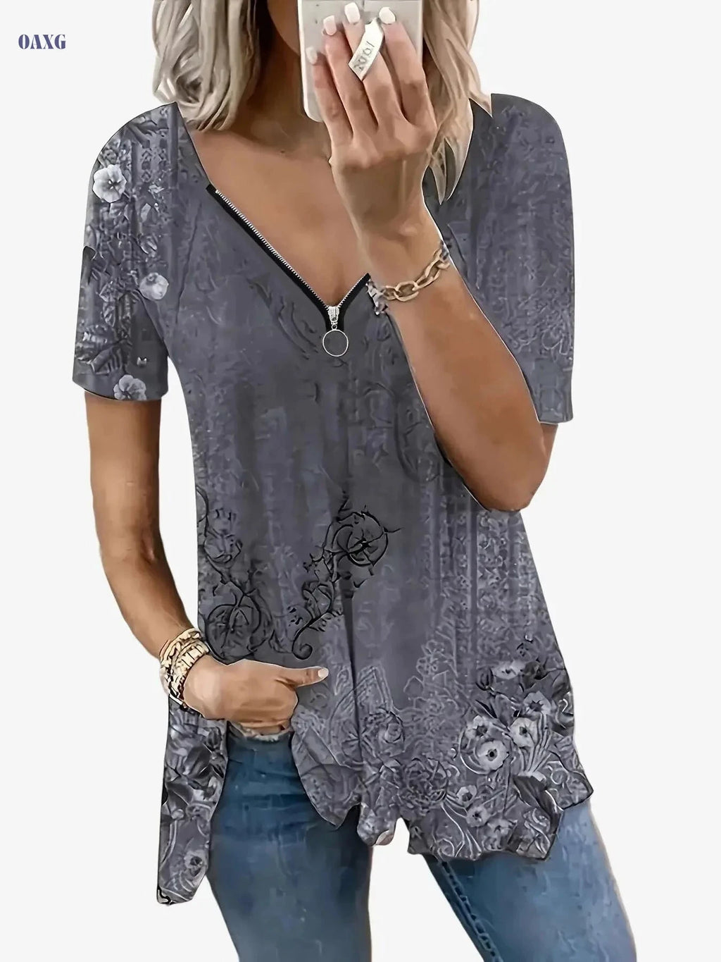 Floral Print Zip Front T-Shirt - Casual Women's Summer Top   OAXG 