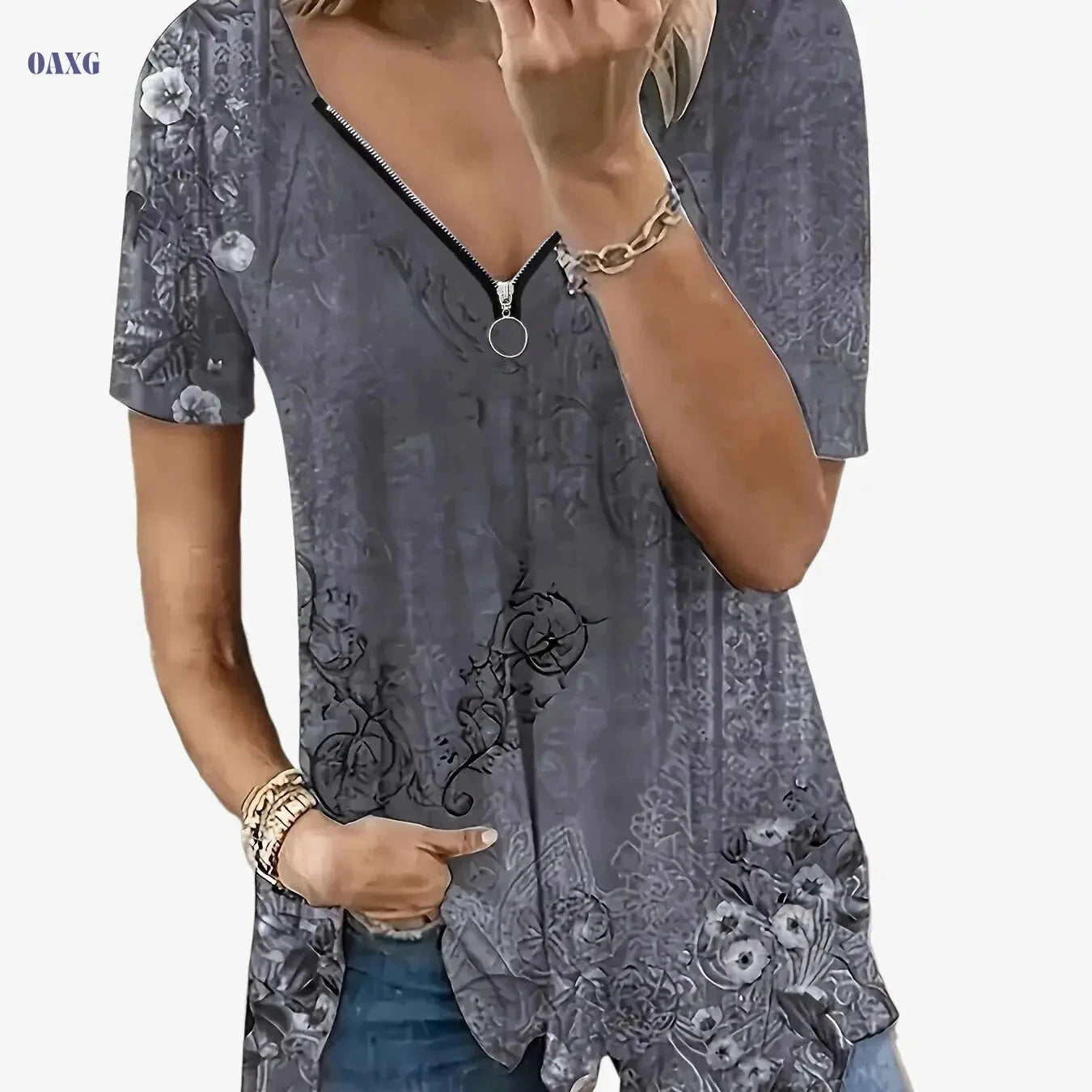 Floral Print Zip Front T-Shirt - Casual Women's Summer Top   OAXG Green / S