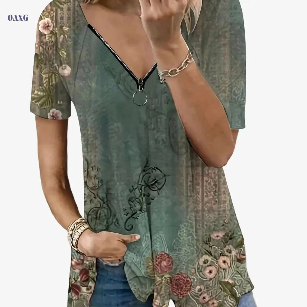 Floral Print Zip Front T-Shirt - Casual Women's Summer Top   OAXG Green / S