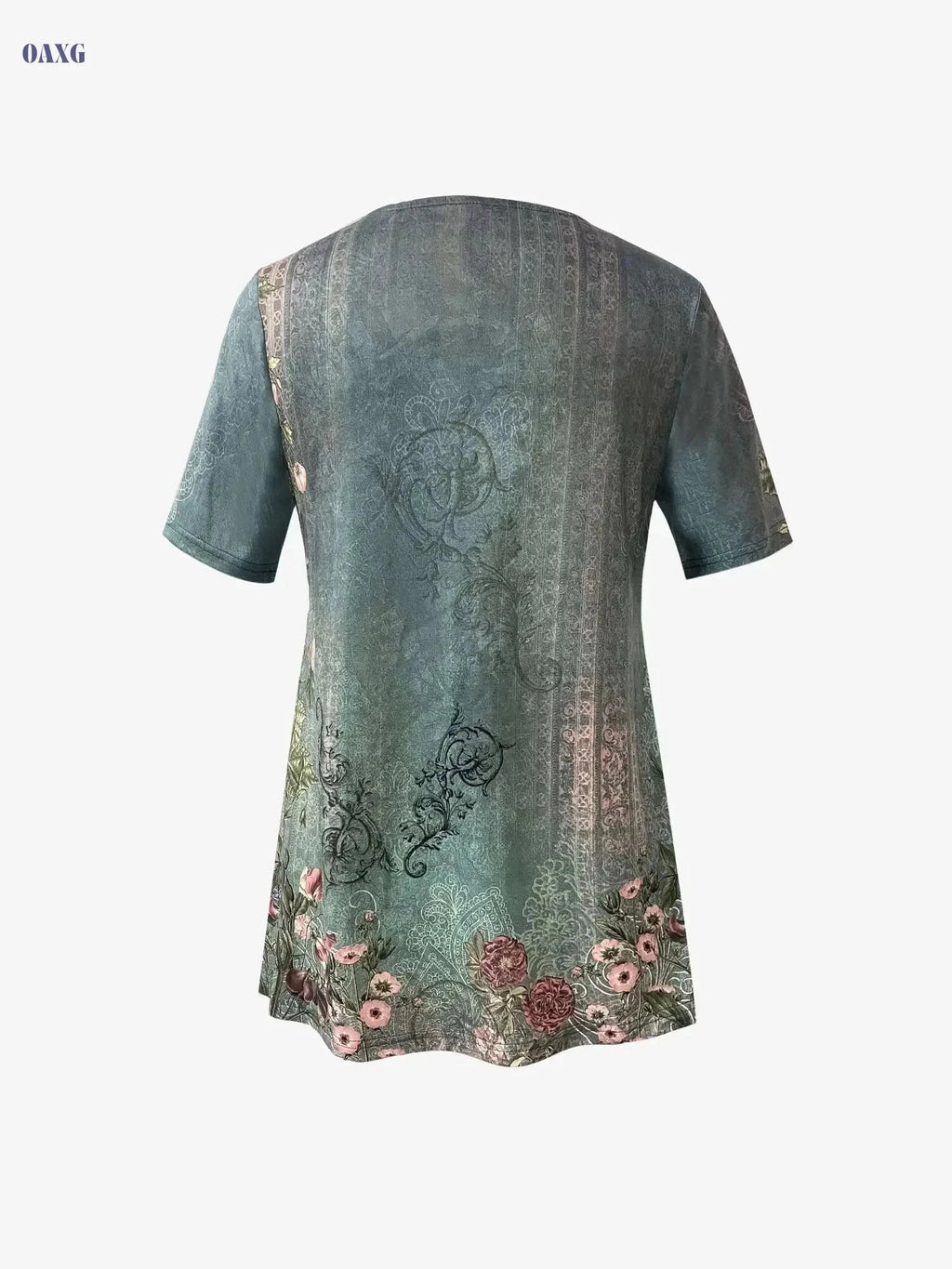 Floral Print Zip Front T-Shirt - Casual Women's Summer Top   OAXG Green / S