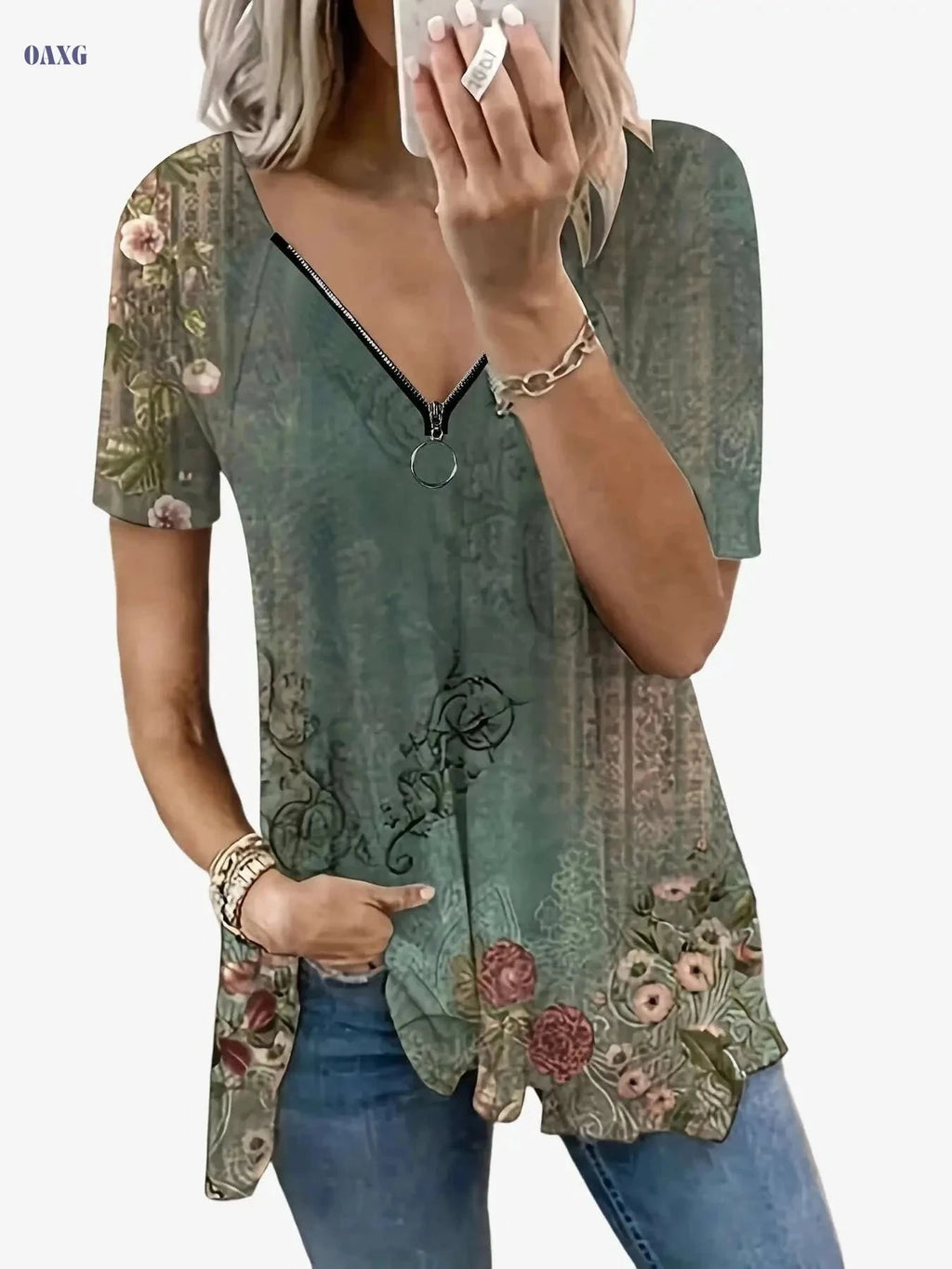 Floral Print Zip Front T-Shirt - Casual Women's Summer Top   OAXG Green / S