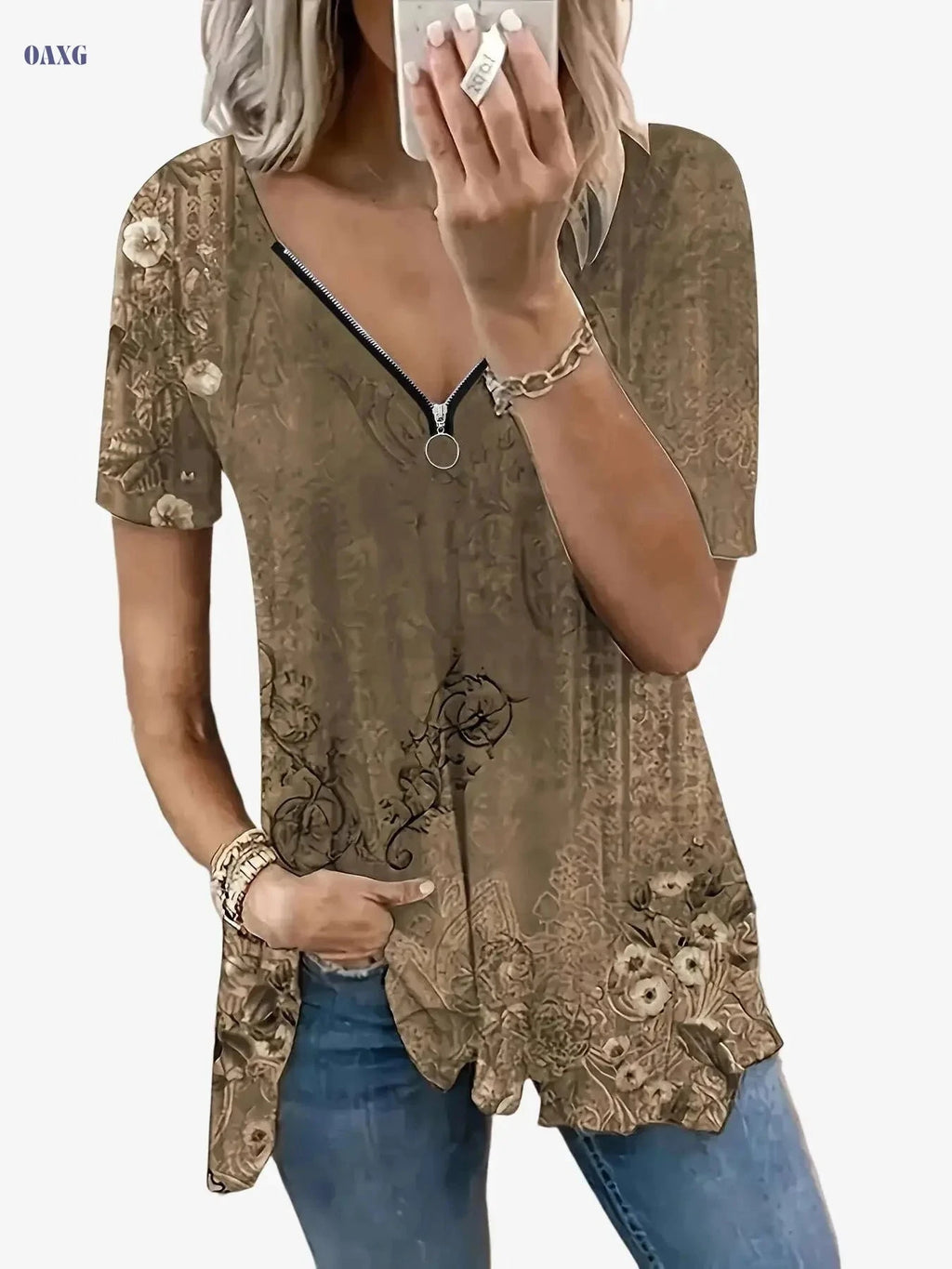 Floral Print Zip Front T-Shirt - Casual Women's Summer Top   OAXG Green / S
