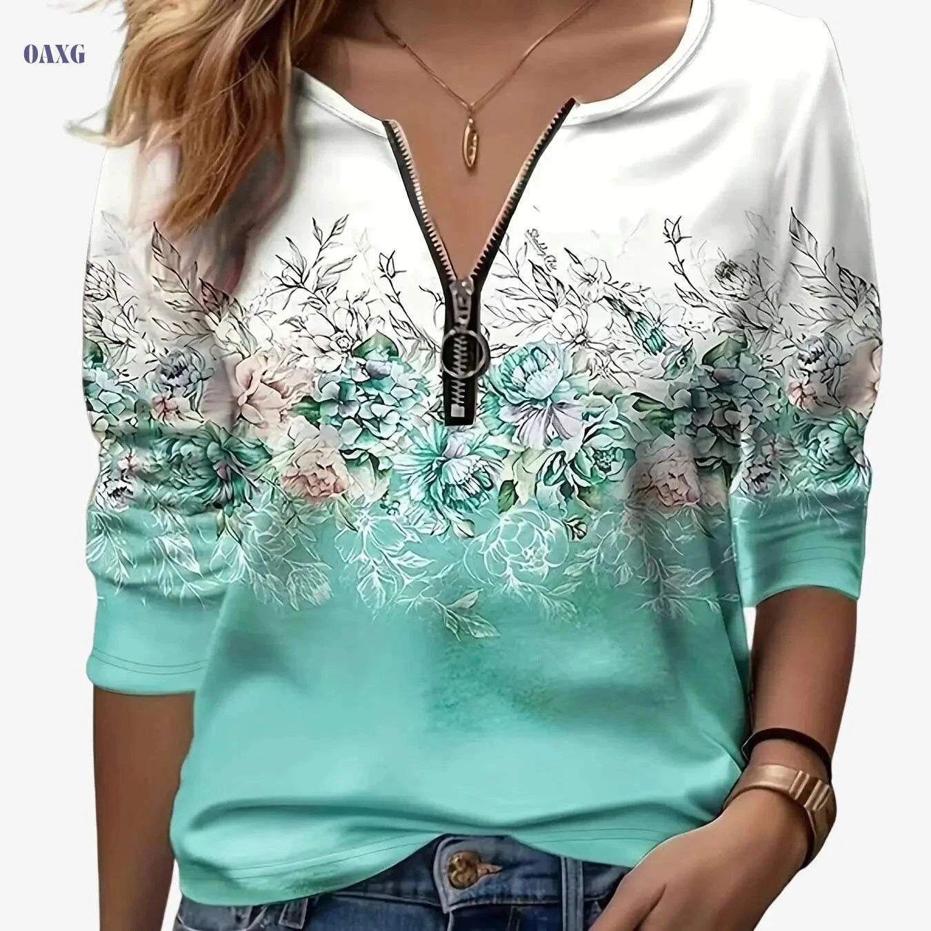 Floral Print Zip-Up T-Shirt - Casual Long Sleeve Women's Top   OAXG 
