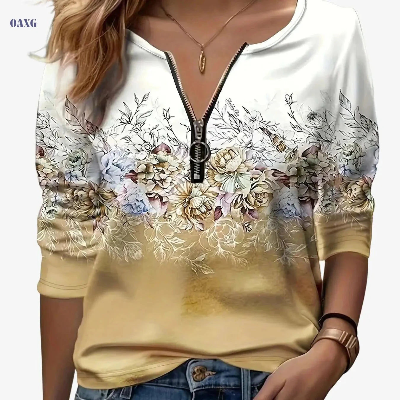 Floral Print Zip-Up T-Shirt - Casual Long Sleeve Women's Top   OAXG 