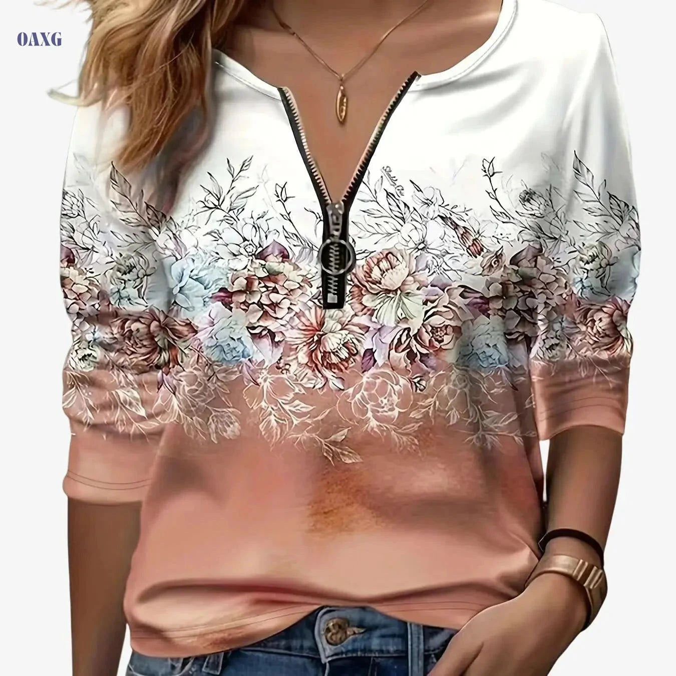 Floral Print Zip-Up T-Shirt - Casual Long Sleeve Women's Top   OAXG 