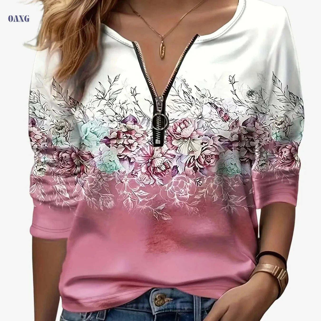 Floral Print Zip-Up T-Shirt - Casual Long Sleeve Women's Top   OAXG Sky Blue / S