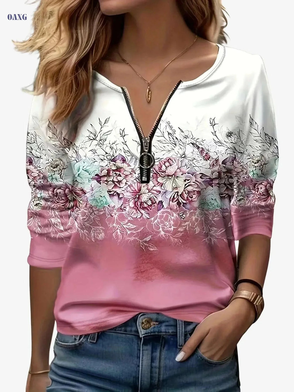 Floral Print Zip-Up T-Shirt - Casual Long Sleeve Women's Top   OAXG Sky Blue / S