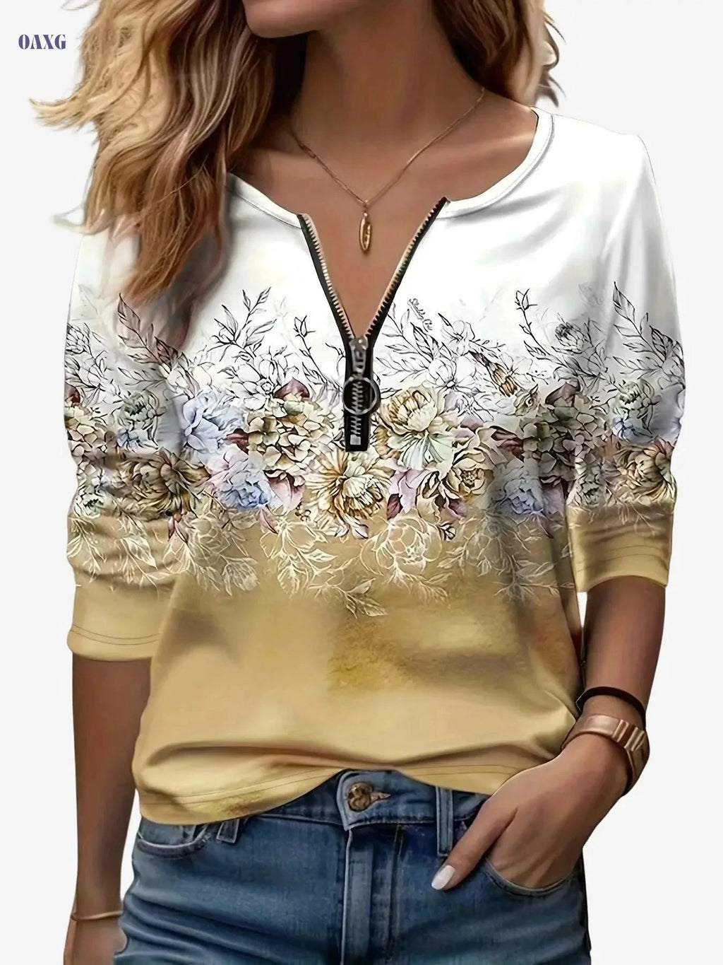 Floral Print Zip-Up T-Shirt - Casual Long Sleeve Women's Top   OAXG Sky Blue / S