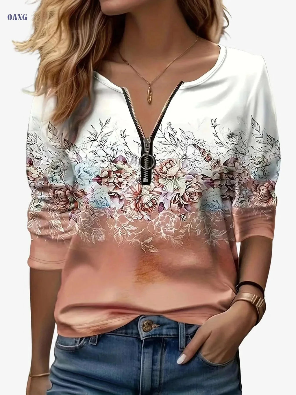 Floral Print Zip-Up T-Shirt - Casual Long Sleeve Women's Top   OAXG Sky Blue / S