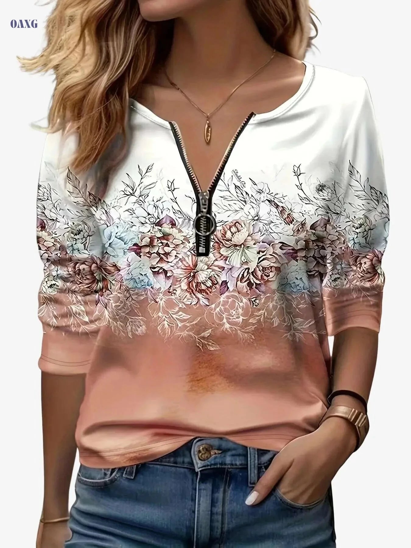 Floral Print Zip-Up T-Shirt - Casual Long Sleeve Women's Top   OAXG Sky Blue / S