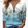 Floral Print Zip-Up T-Shirt - Casual Long Sleeve Women's Top   OAXG Sky Blue / S