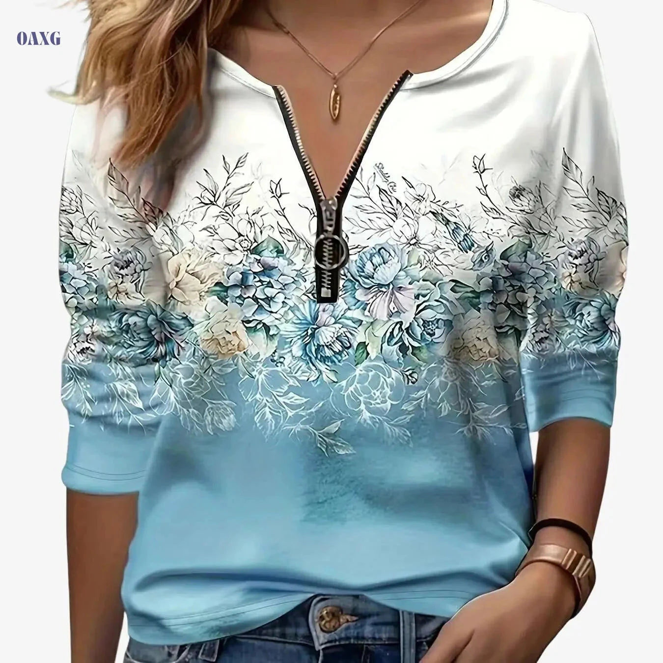 Floral Print Zip-Up T-Shirt - Casual Long Sleeve Women's Top   OAXG Sky Blue / S