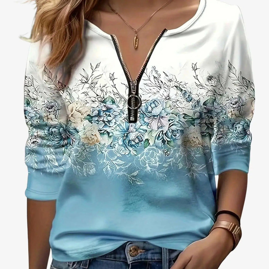 Floral Print Zip-Up T-Shirt - Casual Long Sleeve Women's Top   OAXG Sky Blue / S