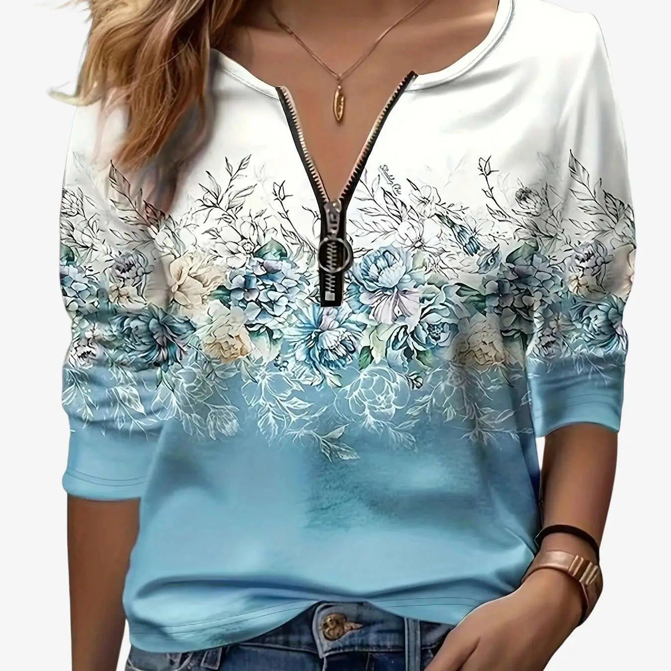 Floral Print Zip-Up T-Shirt - Casual Long Sleeve Women's Top   OAXG Sky Blue / S