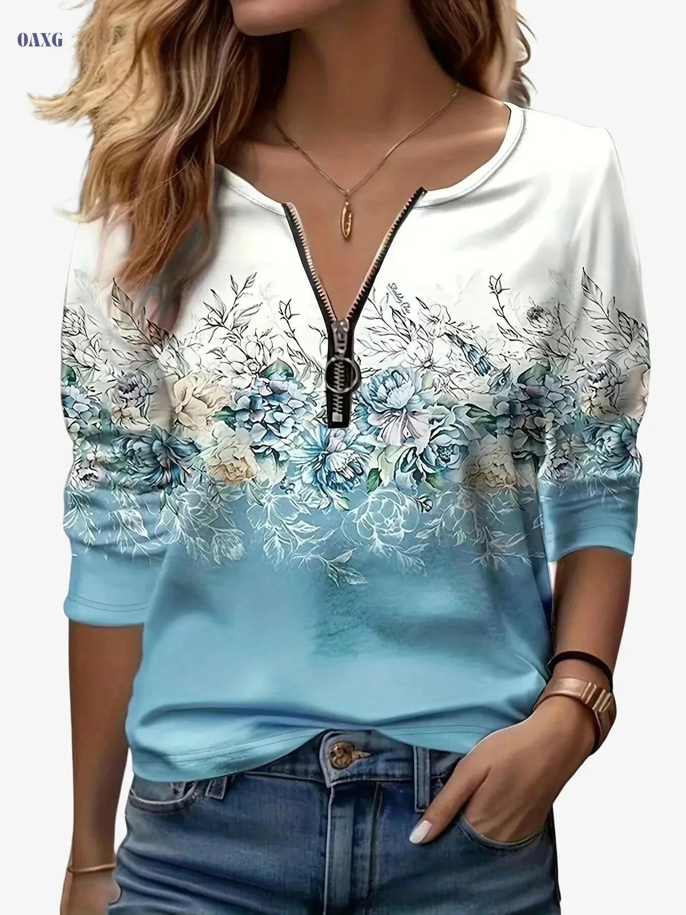 Floral Print Zip-Up T-Shirt - Casual Long Sleeve Women's Top   OAXG 