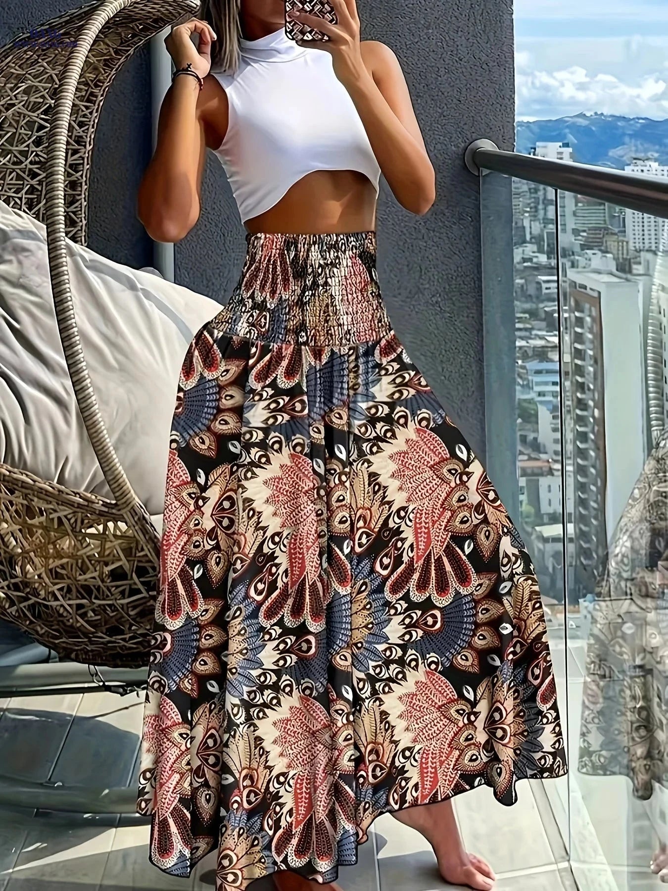 Floral Printed Skirt for Spring/Summer - 95% Polyester, Comfortable Fit   OAXG 