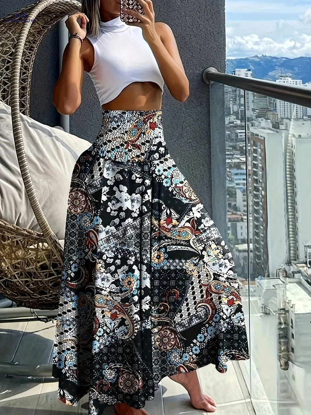 Floral Printed Skirt for Spring/Summer - 95% Polyester, Comfortable Fit   OAXG 