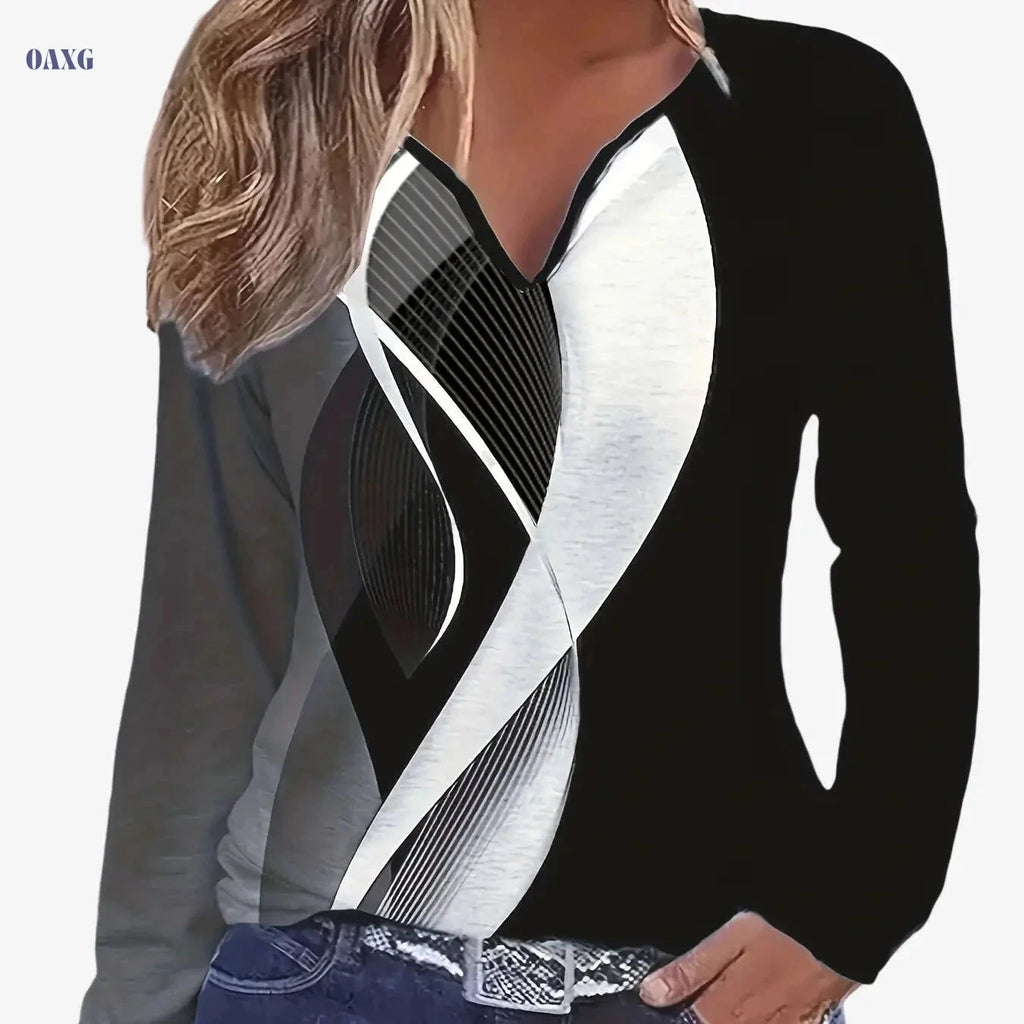 Floral V-Neck Long-Sleeve T-Shirt - Casual Spring & Summer Style   OAXG Mixed Color / S