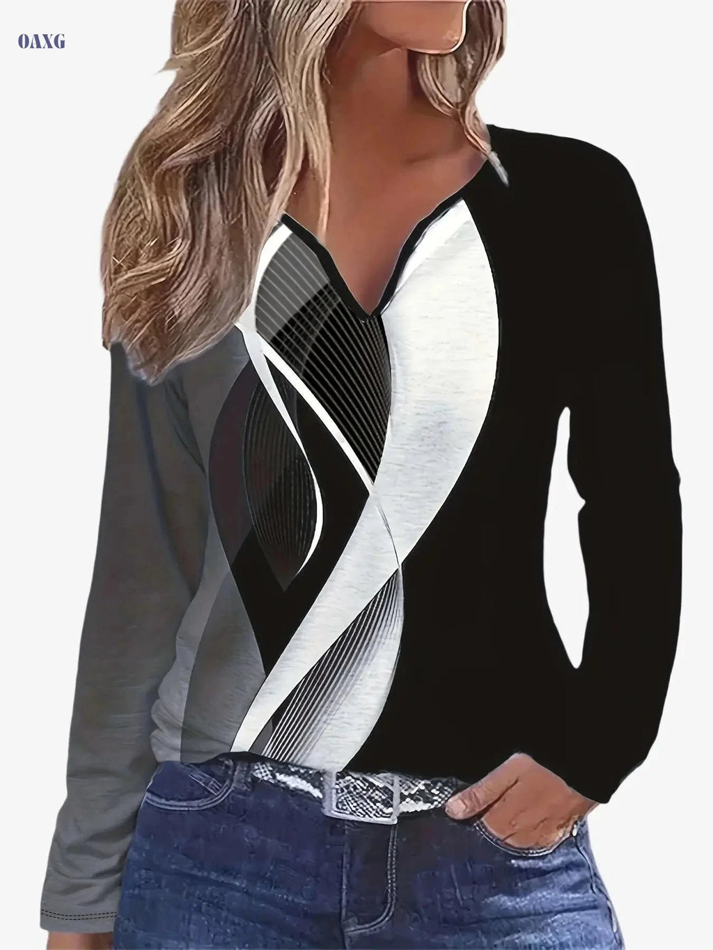 Floral V-Neck Long-Sleeve T-Shirt - Casual Spring & Summer Style   OAXG Mixed Color / S