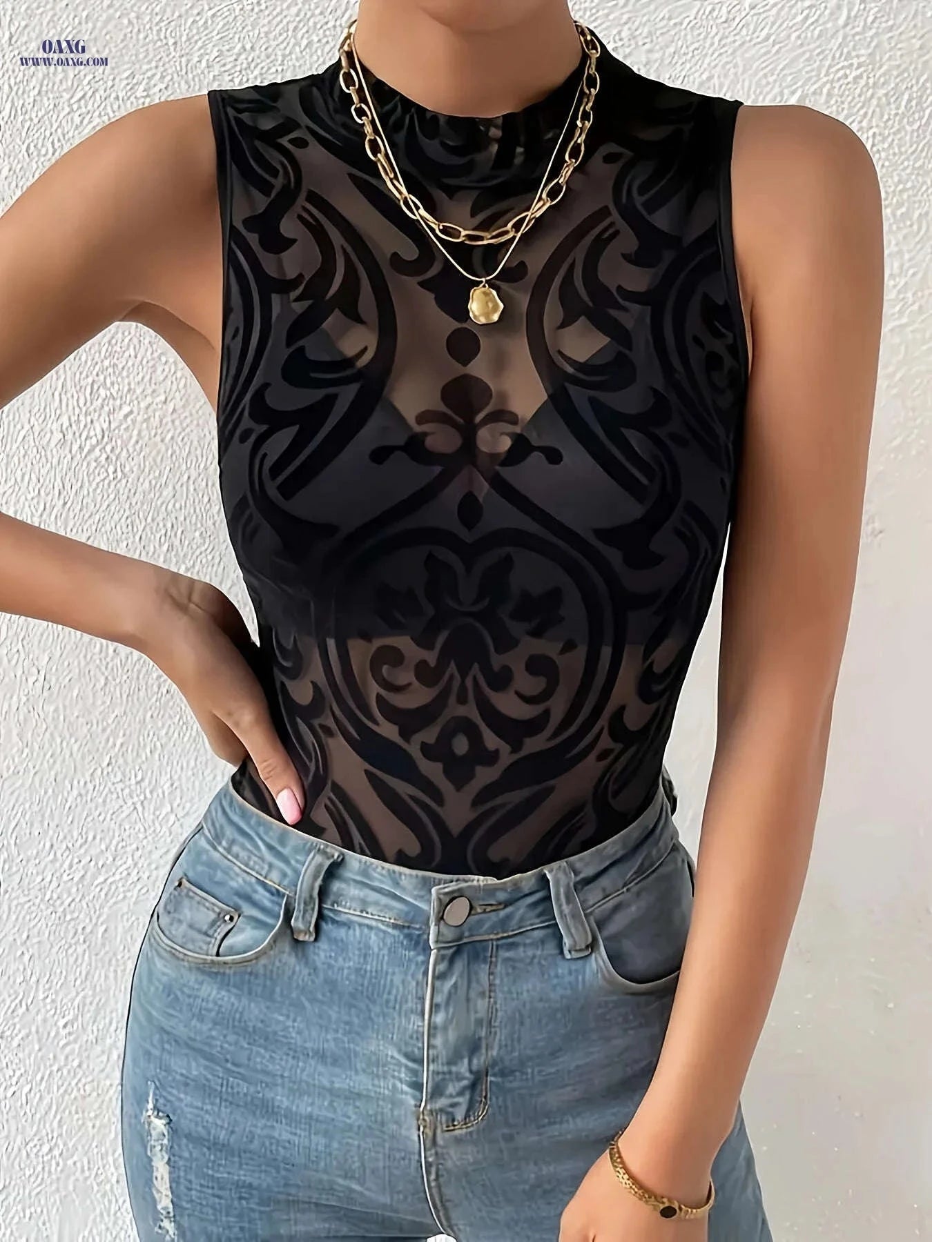Floral Velvet Mesh Bodysuit - Sexy Sleeveless Spring Fashion   OAXG 