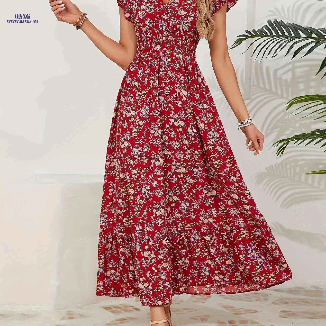 Floral Waist-Tied Dress for Vacation – V-Neck, Spring/Summer Style   OAXG 