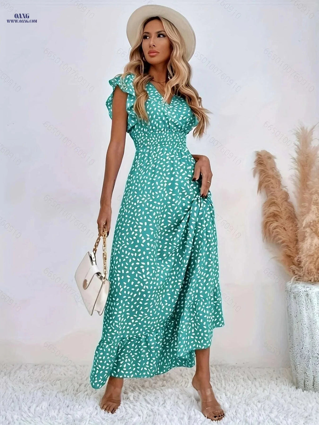Floral Waist-Tied Dress for Vacation – V-Neck, Spring/Summer Style   OAXG 