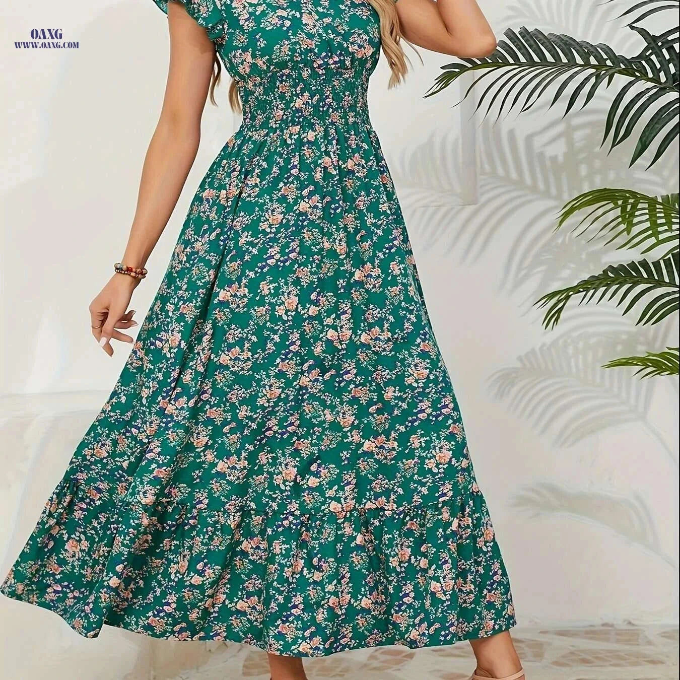 Floral Waist-Tied Dress for Vacation – V-Neck, Spring/Summer Style   OAXG Black / S