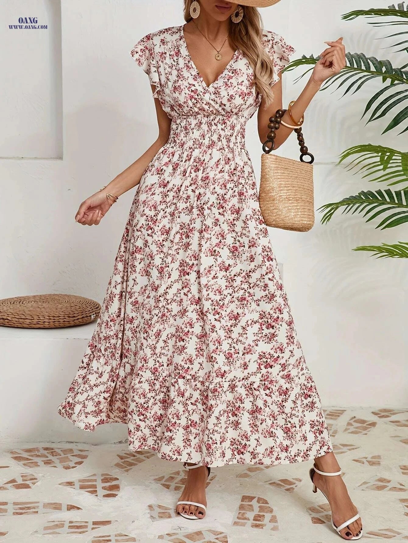 Floral Waist-Tied Dress for Vacation – V-Neck, Spring/Summer Style   OAXG Black / S