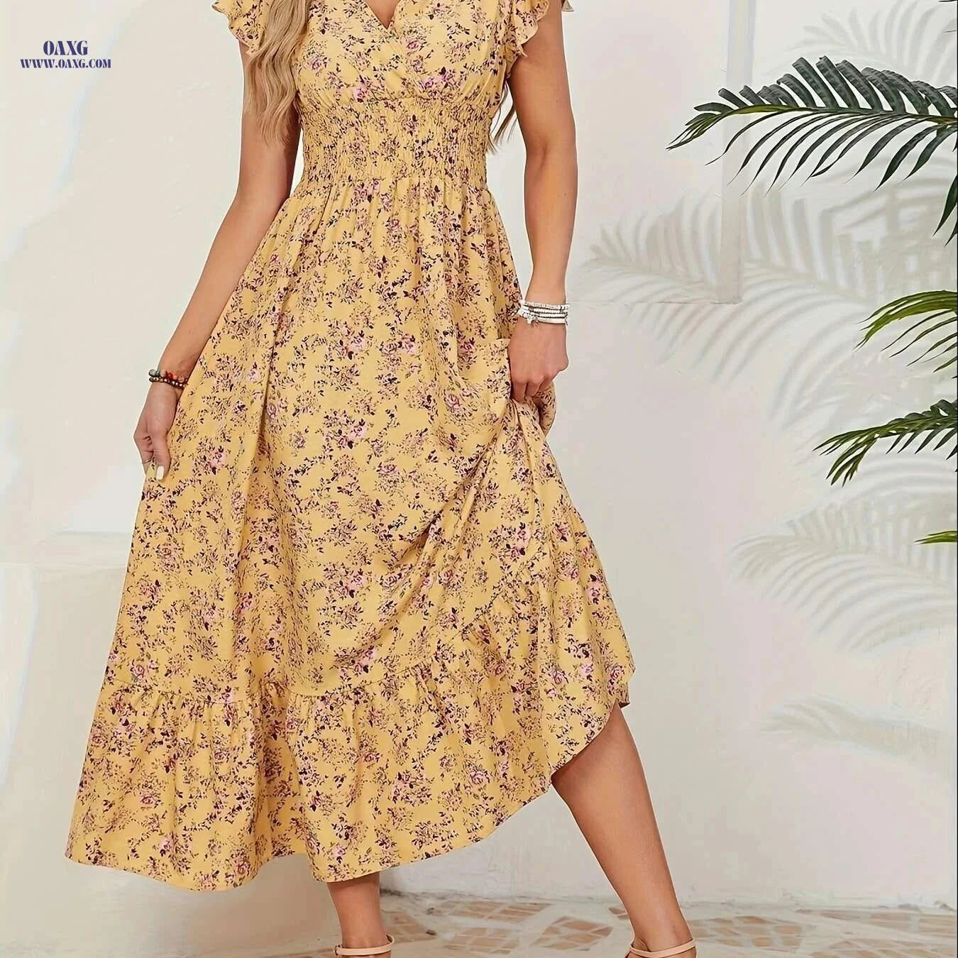 Floral Waist-Tied Dress for Vacation – V-Neck, Spring/Summer Style   OAXG Black / S