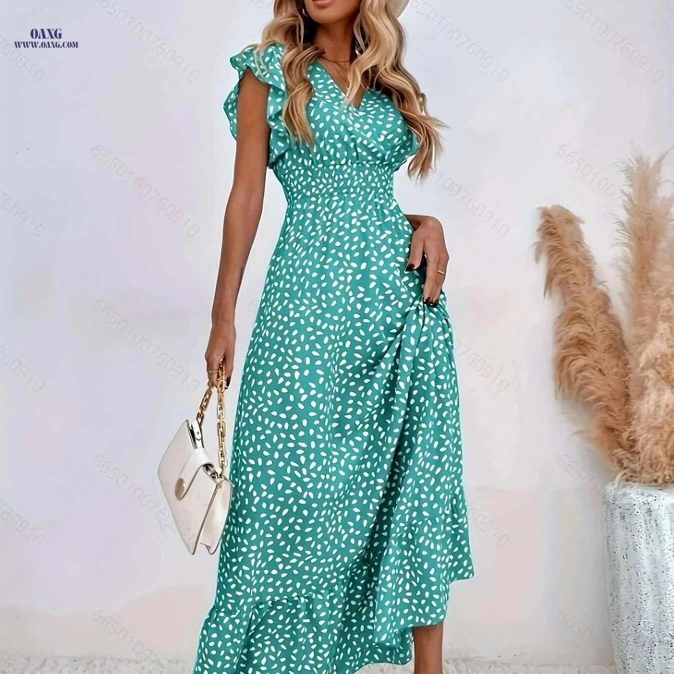 Floral Waist-Tied Dress for Vacation – V-Neck, Spring/Summer Style   OAXG Black / S